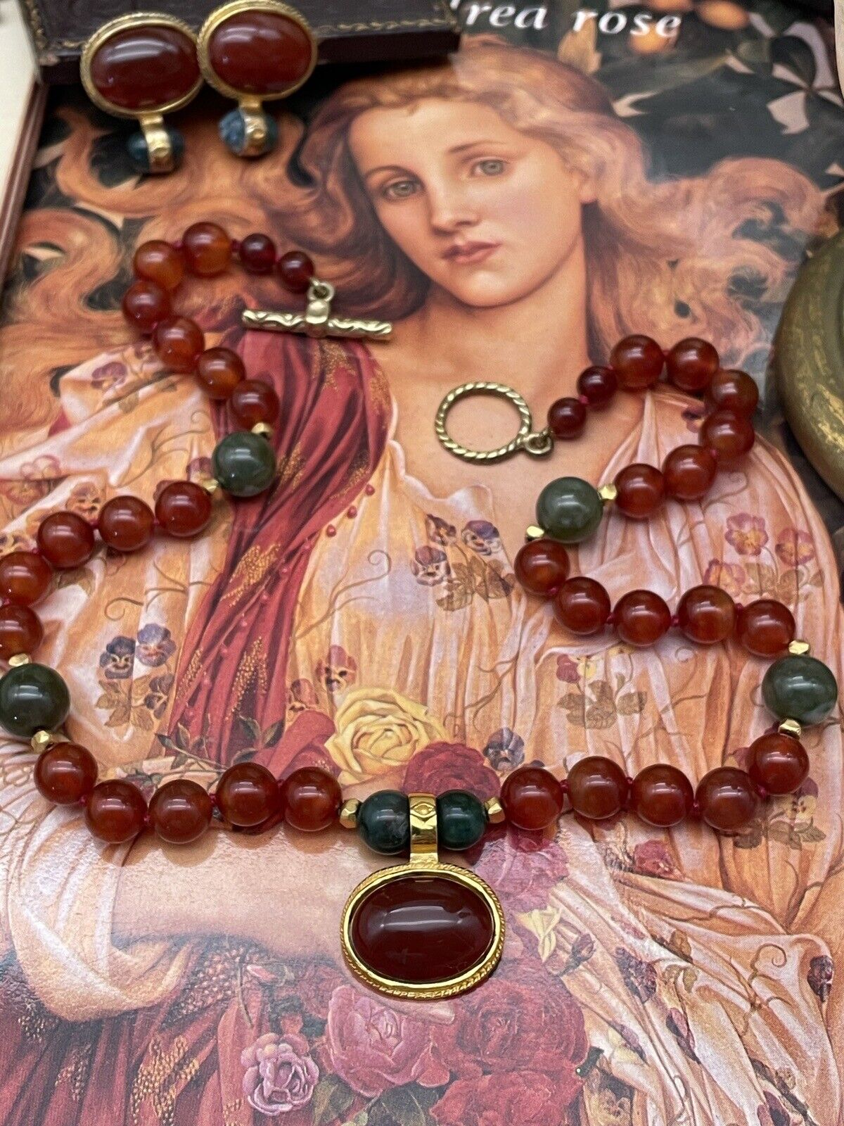 Vintage “Carnelian Jade” Style Gold Plated Necklace & Earrings By JADED SIGNED
