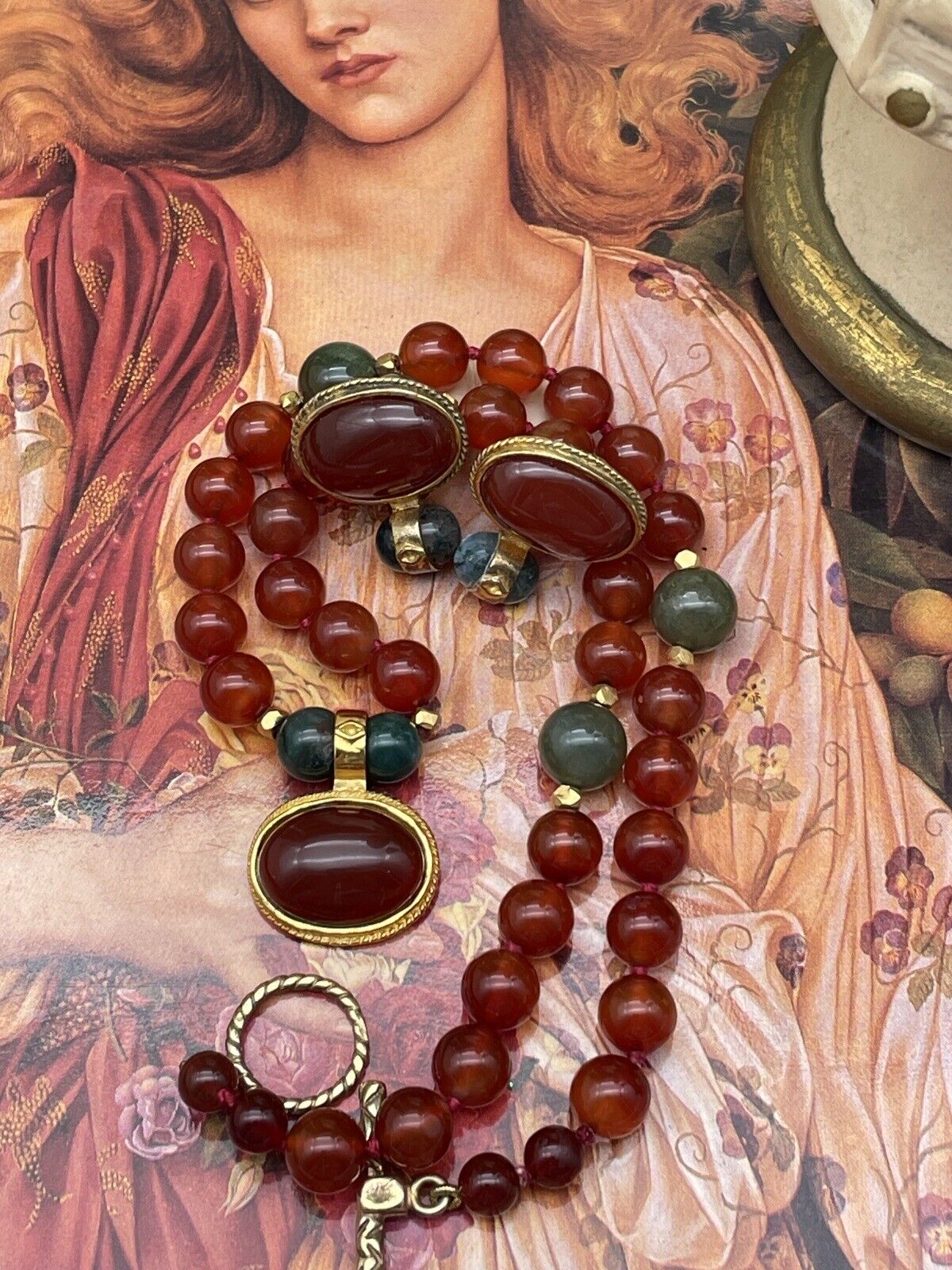 Vintage “Carnelian Jade” Style Gold Plated Necklace & Earrings By JADED SIGNED