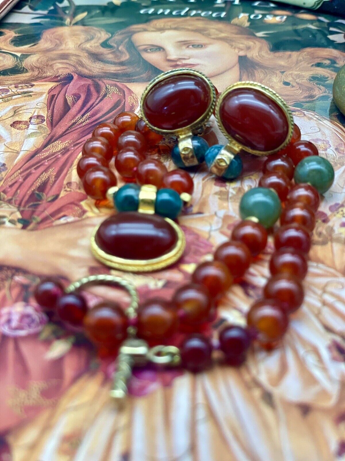 Vintage “Carnelian Jade” Style Gold Plated Necklace & Earrings By JADED SIGNED