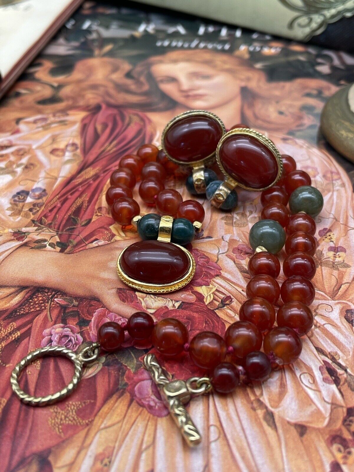 Vintage “Carnelian Jade” Style Gold Plated Necklace & Earrings By JADED SIGNED