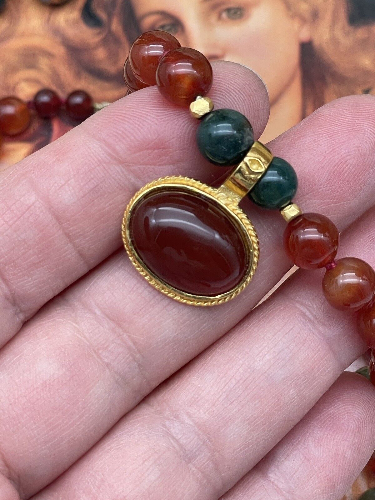 Vintage “Carnelian Jade” Style Gold Plated Necklace & Earrings By JADED SIGNED