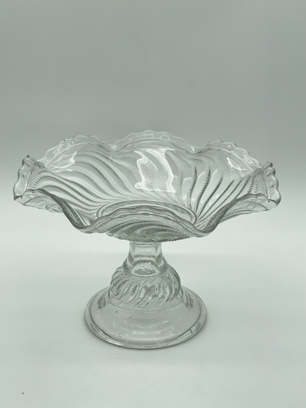 Antique Pressed Glass Compote Crimped Edge Swirls