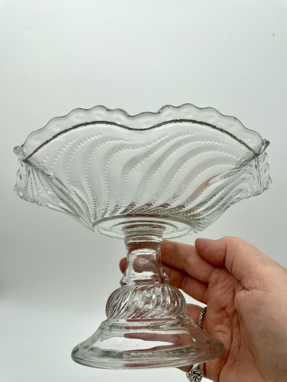 Antique Pressed Glass Compote Crimped Edge Swirls