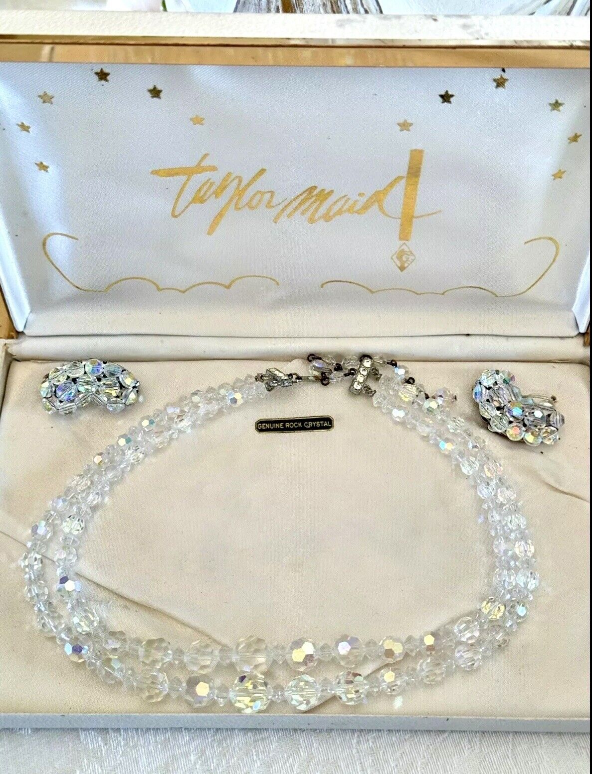 Vintage Taylor Maid Rock AB Crystal 2 Strand Necklace With Earrings In Box