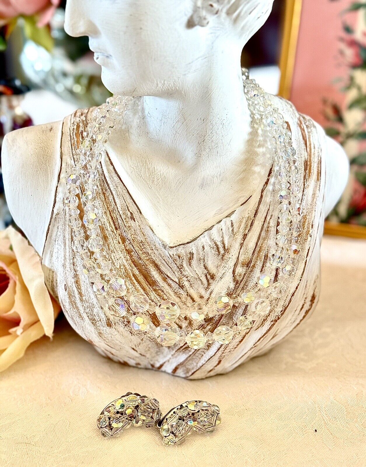 Vintage Taylor Maid Rock AB Crystal 2 Strand Necklace With Earrings In Box