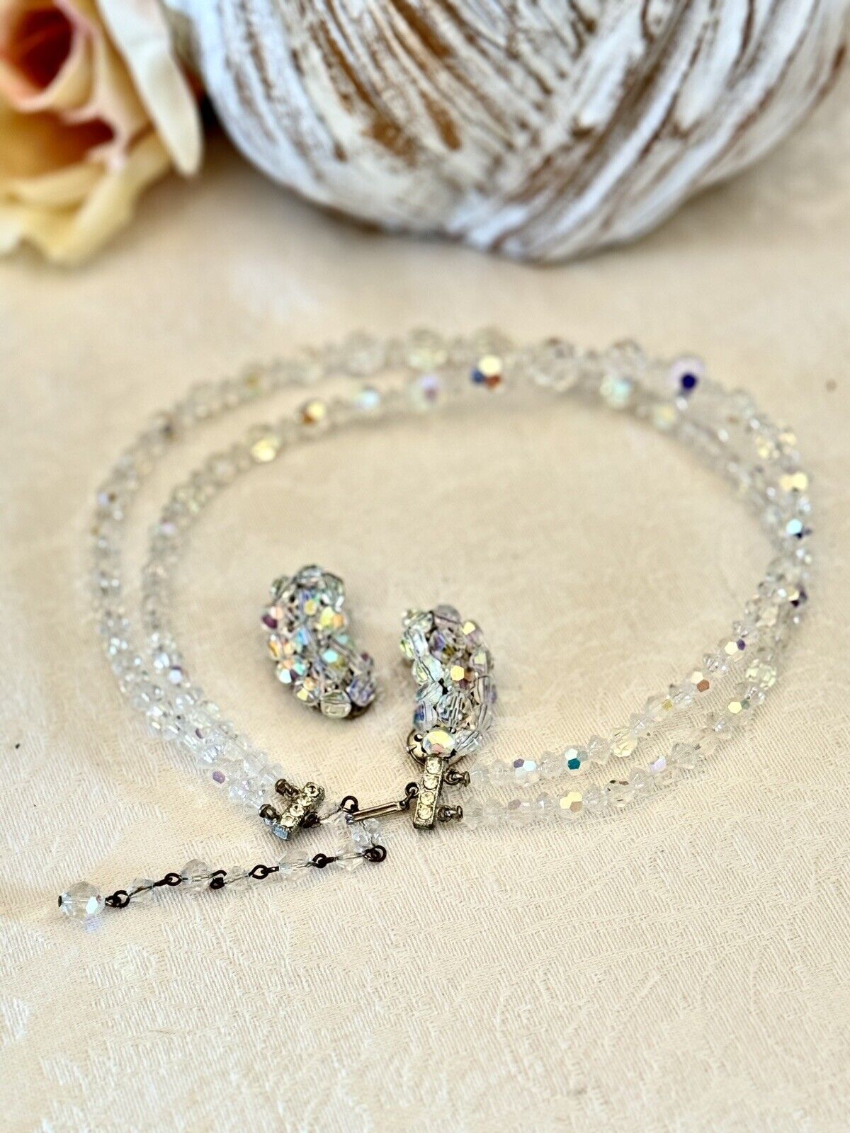Vintage Taylor Maid Rock AB Crystal 2 Strand Necklace With Earrings In Box