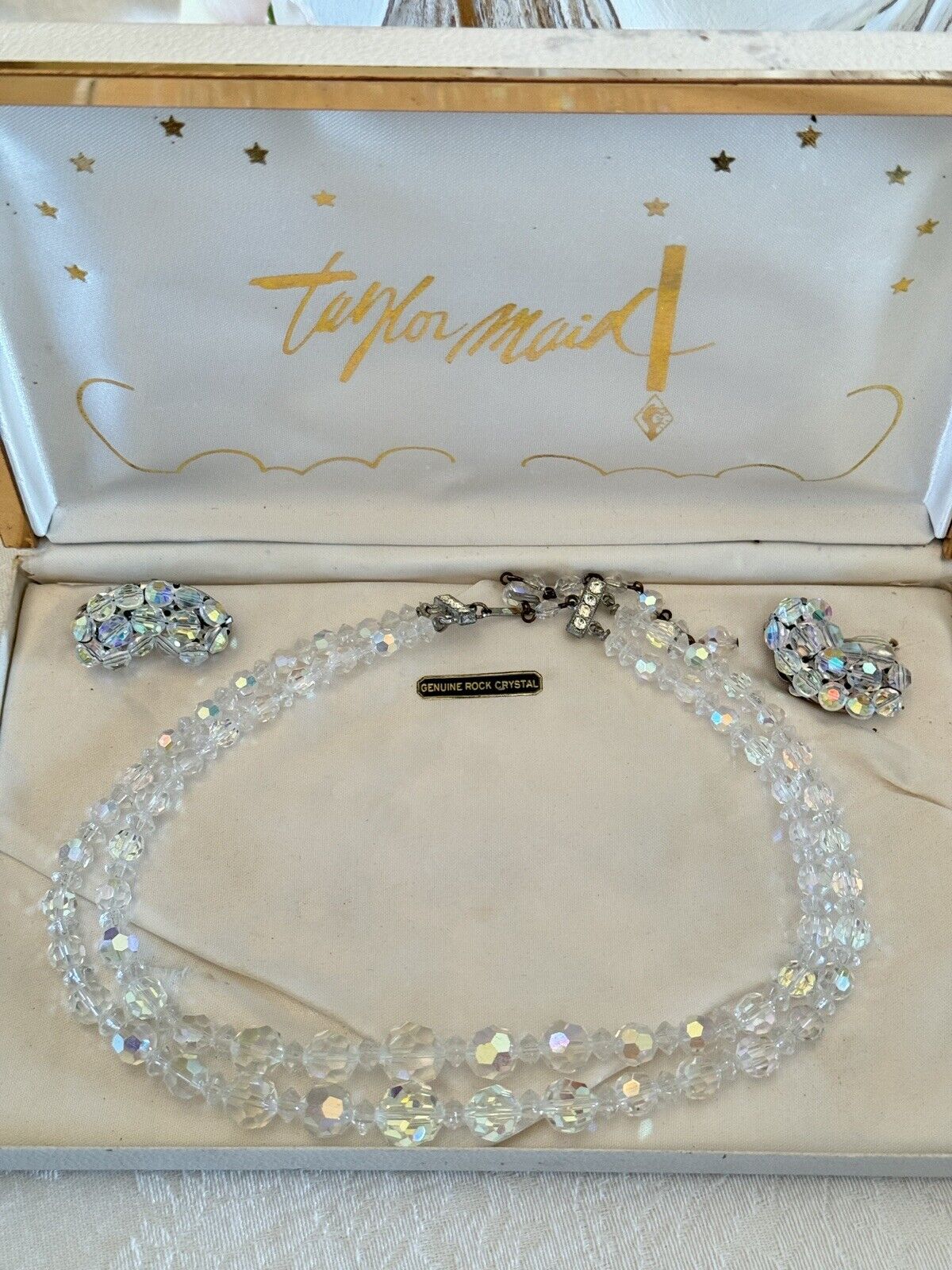 Vintage Taylor Maid Rock AB Crystal 2 Strand Necklace With Earrings In Box