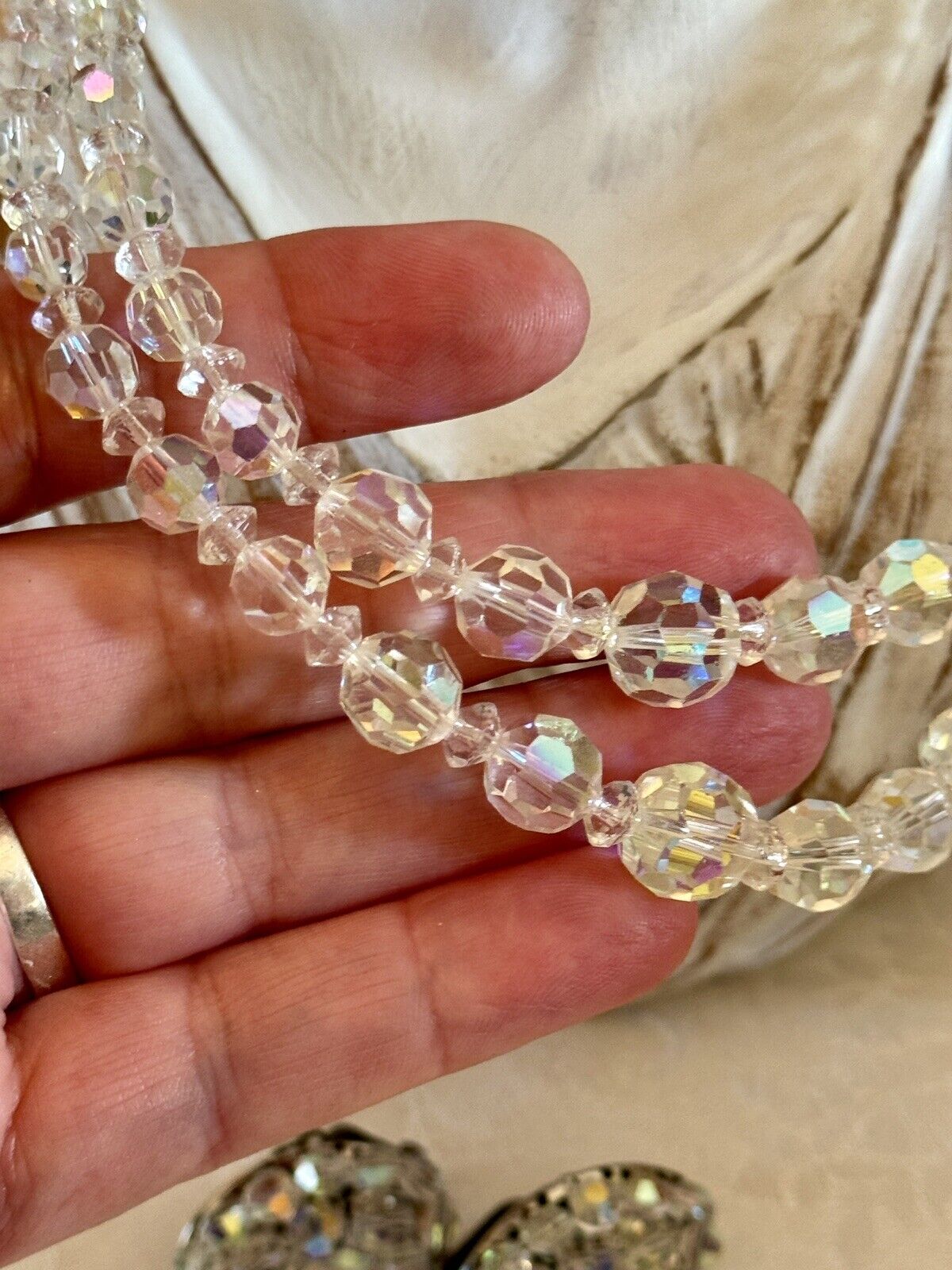 Vintage Taylor Maid Rock AB Crystal 2 Strand Necklace With Earrings In Box