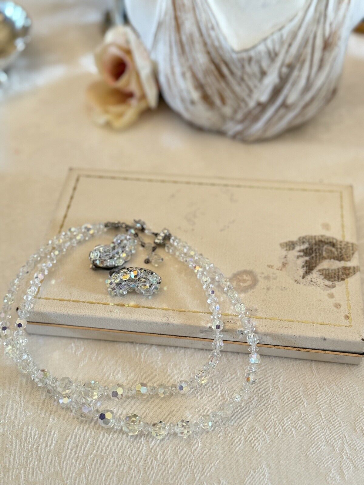 Vintage Taylor Maid Rock AB Crystal 2 Strand Necklace With Earrings In Box