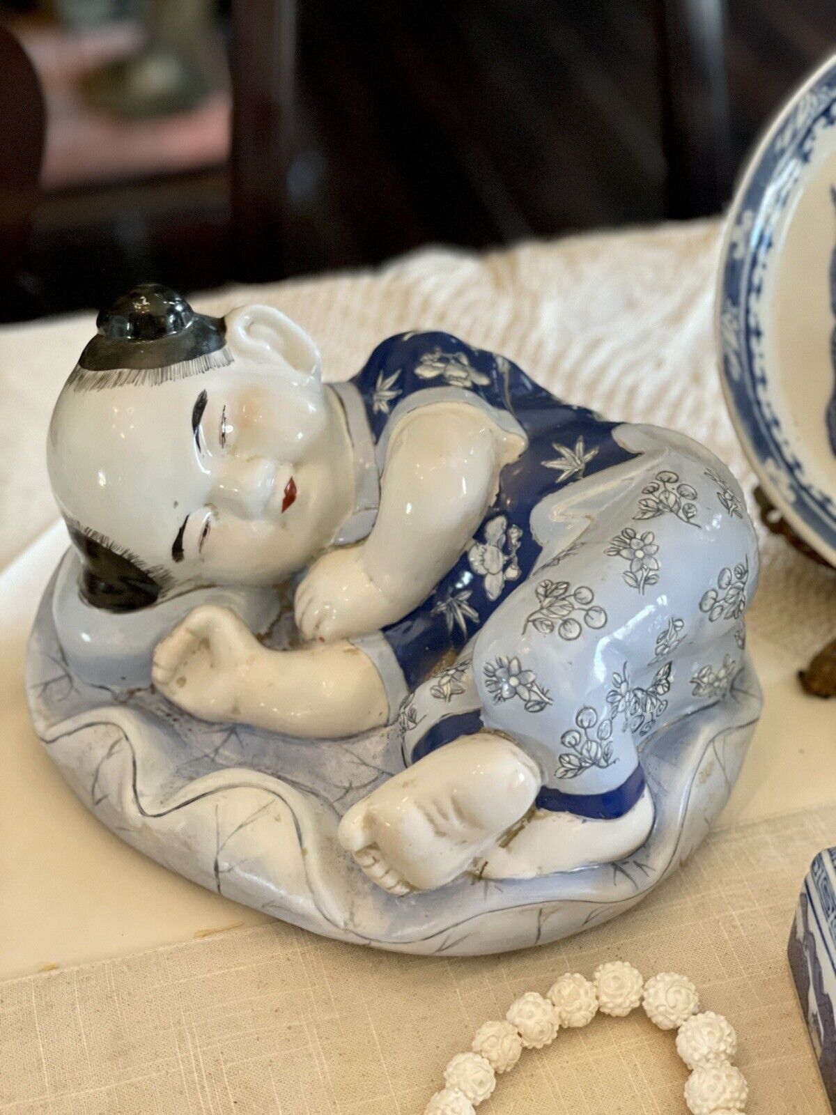 Vintage Chinoiserie Child Statue Blue & White By H.F.P Macau
