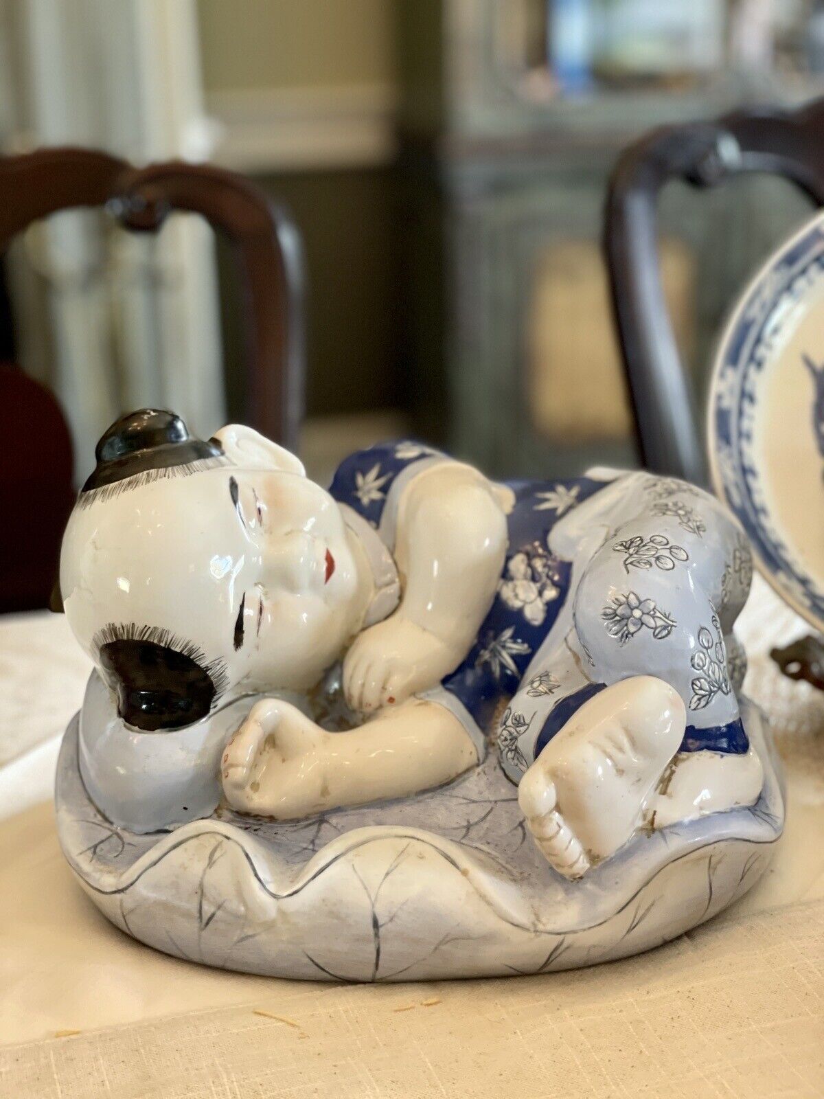 Vintage Chinoiserie Child Statue Blue & White By H.F.P Macau