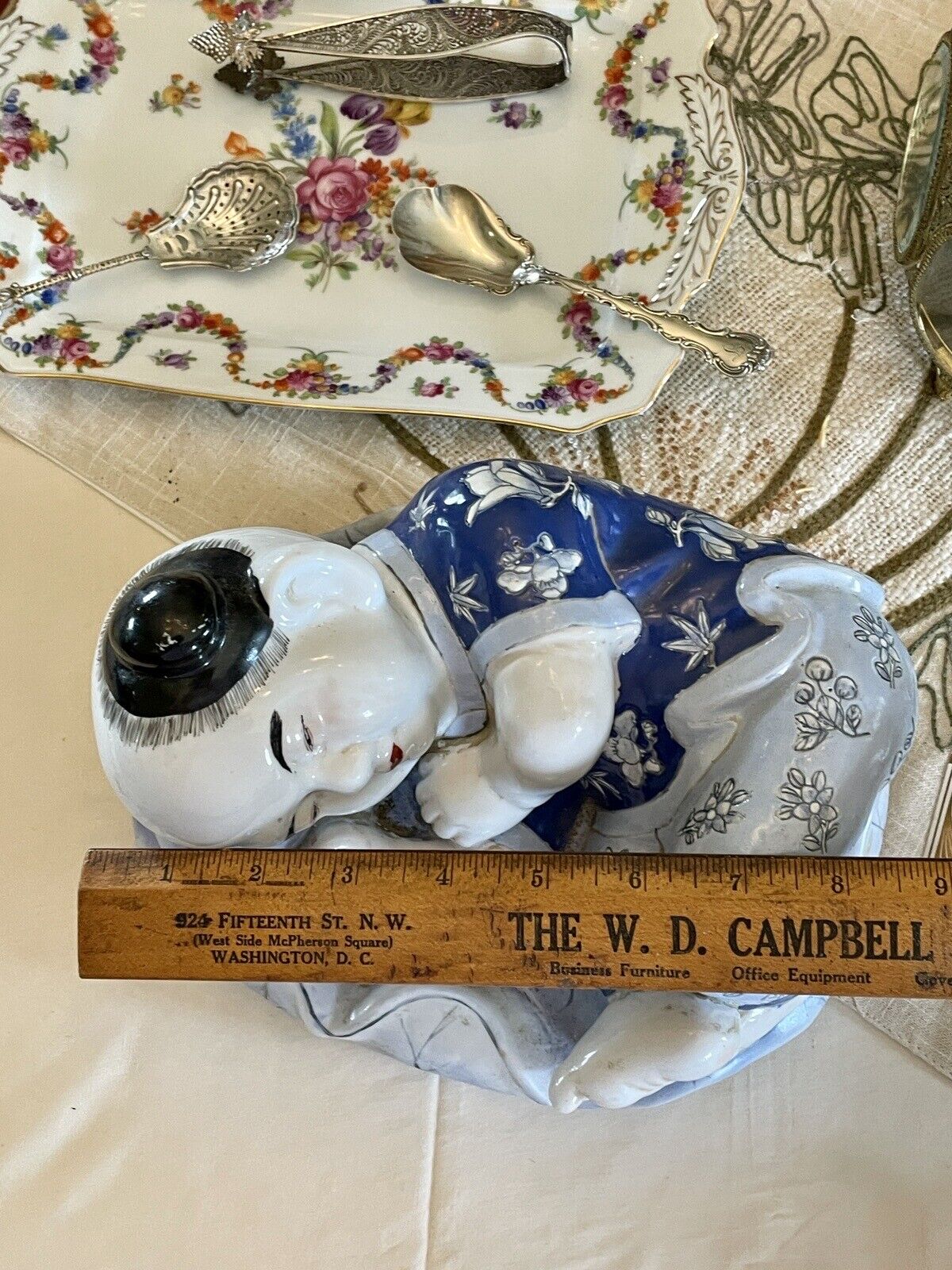 Vintage Chinoiserie Child Statue Blue & White By H.F.P Macau