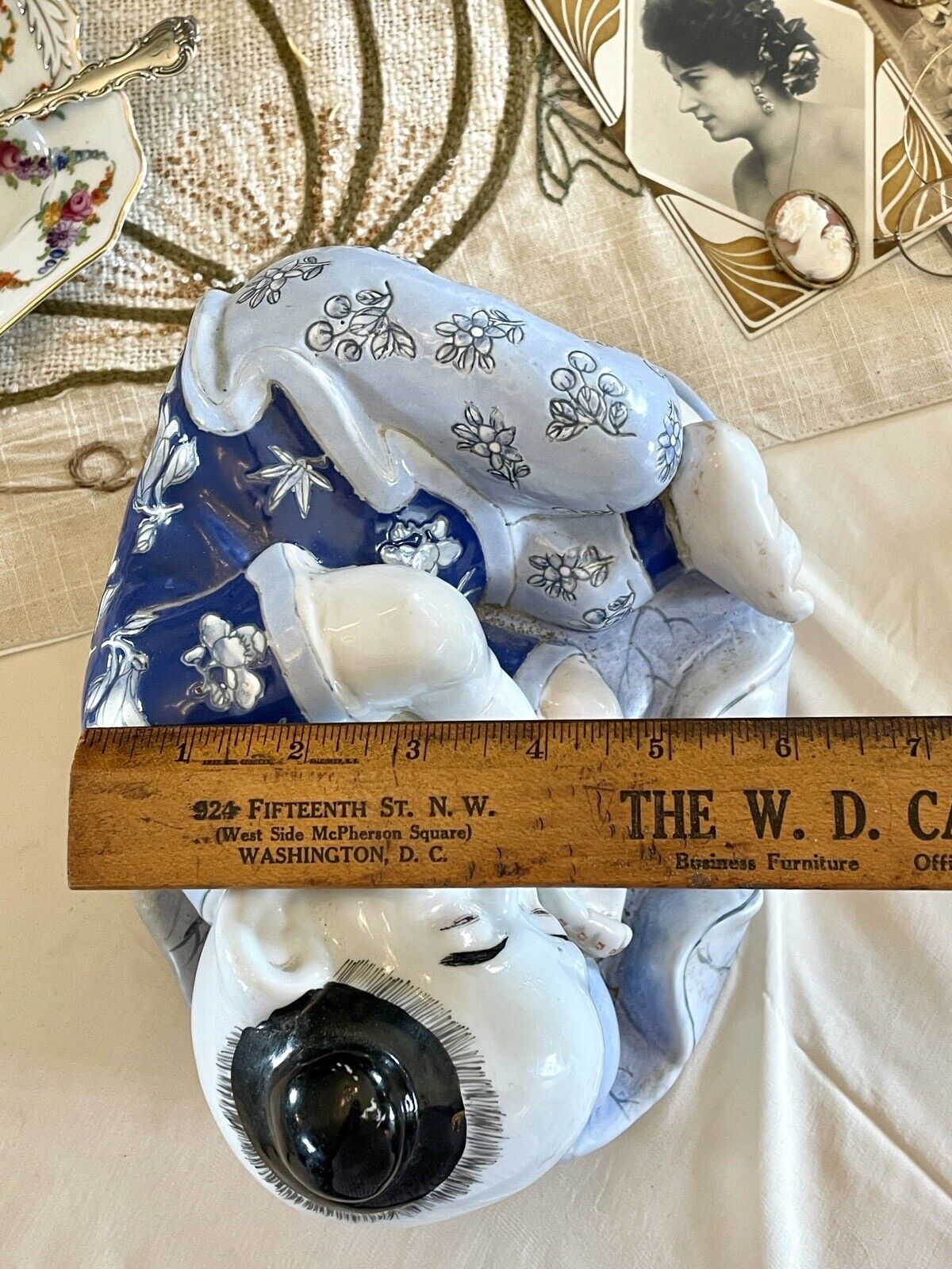 Vintage Chinoiserie Child Statue Blue & White By H.F.P Macau
