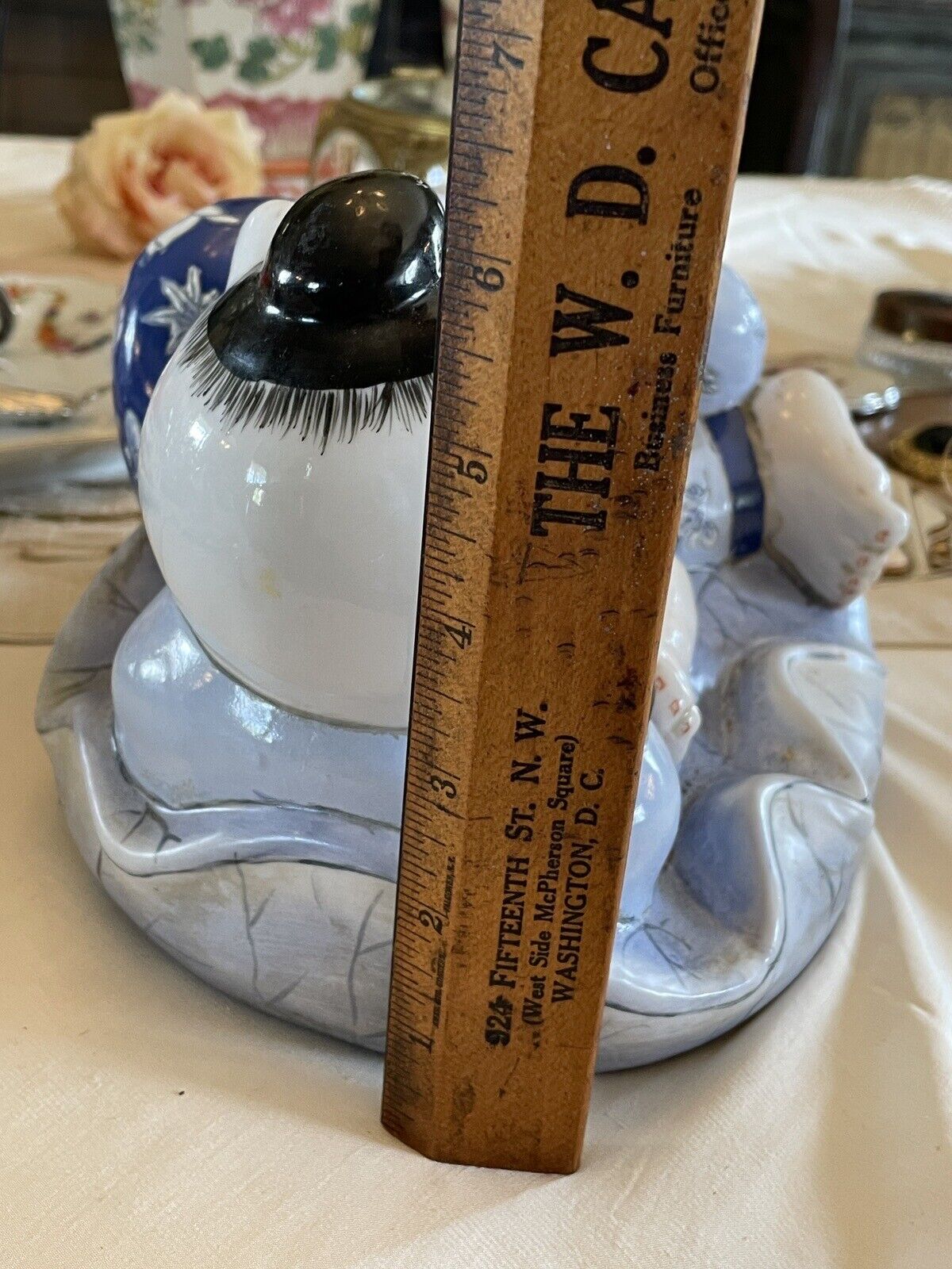 Vintage Chinoiserie Child Statue Blue & White By H.F.P Macau