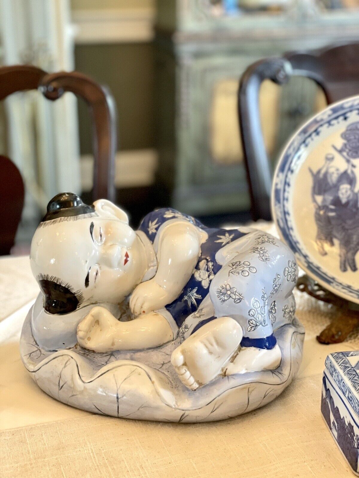 Vintage Chinoiserie Child Statue Blue & White By H.F.P Macau