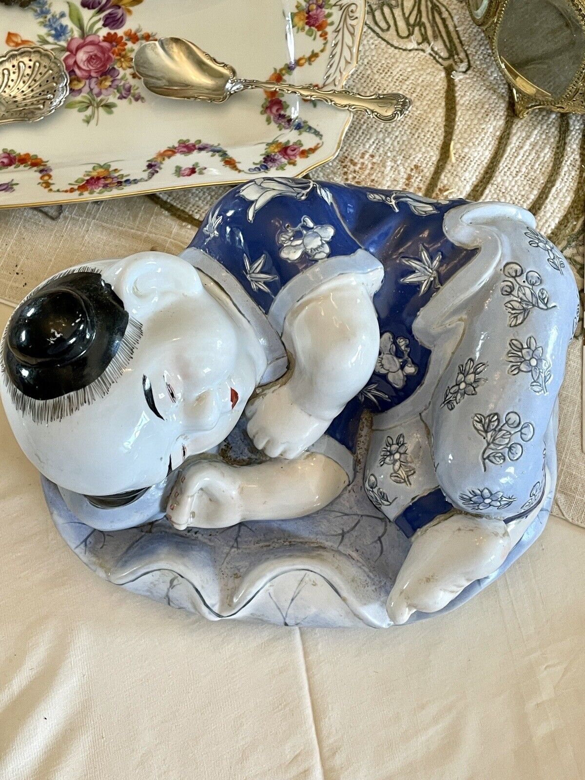 Vintage Chinoiserie Child Statue Blue & White By H.F.P Macau