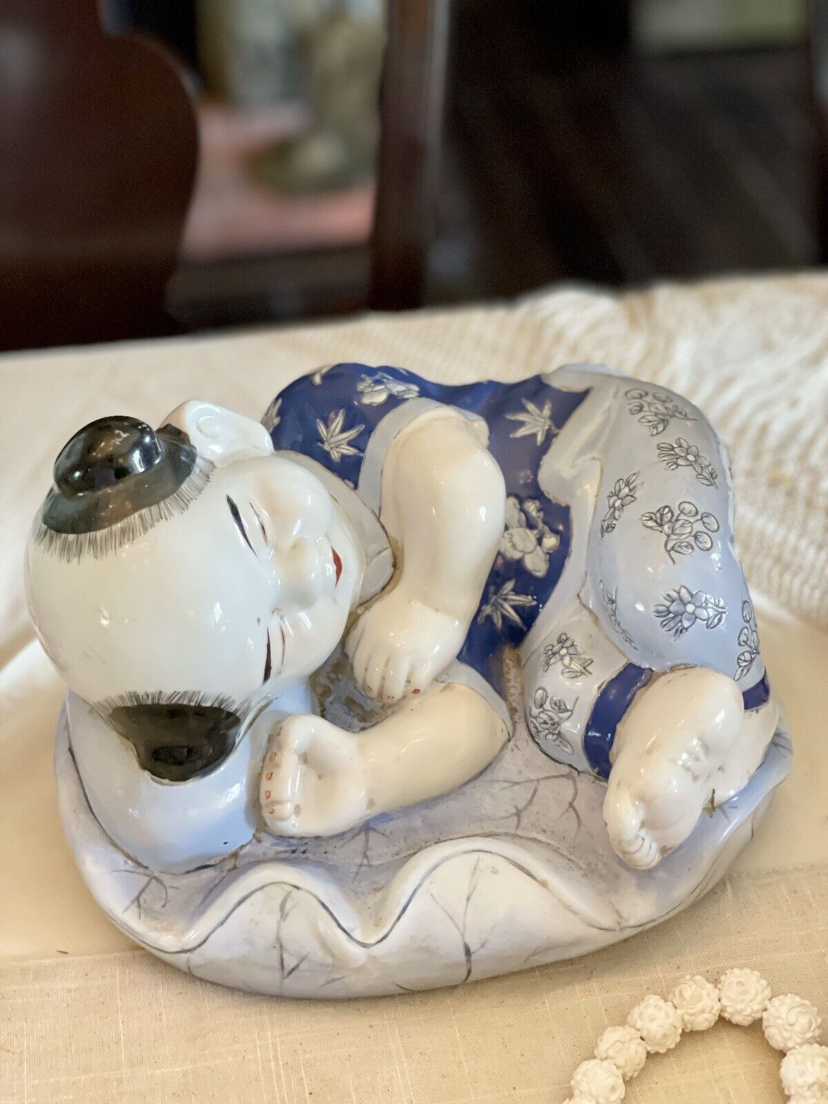 Vintage Chinoiserie Child Statue Blue & White By H.F.P Macau