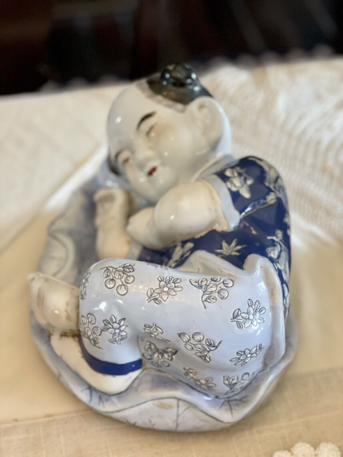 Vintage Chinoiserie Child Statue Blue & White By H.F.P Macau