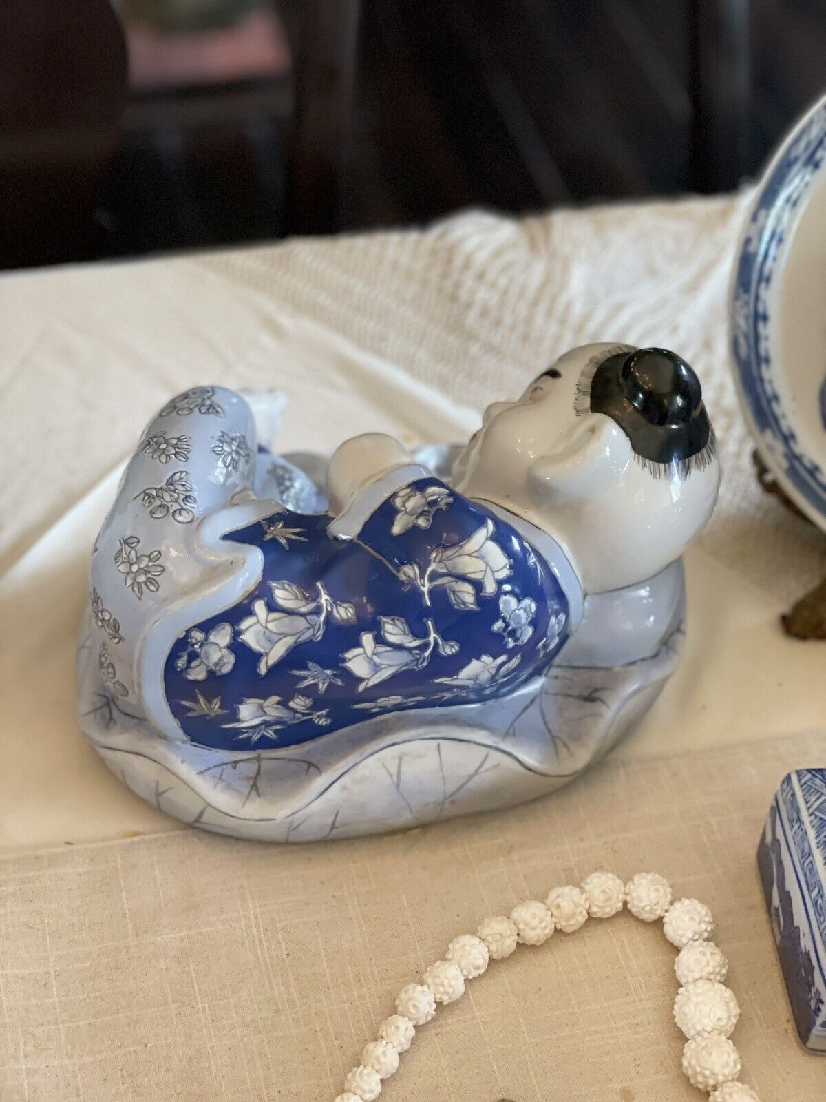 Vintage Chinoiserie Child Statue Blue & White By H.F.P Macau