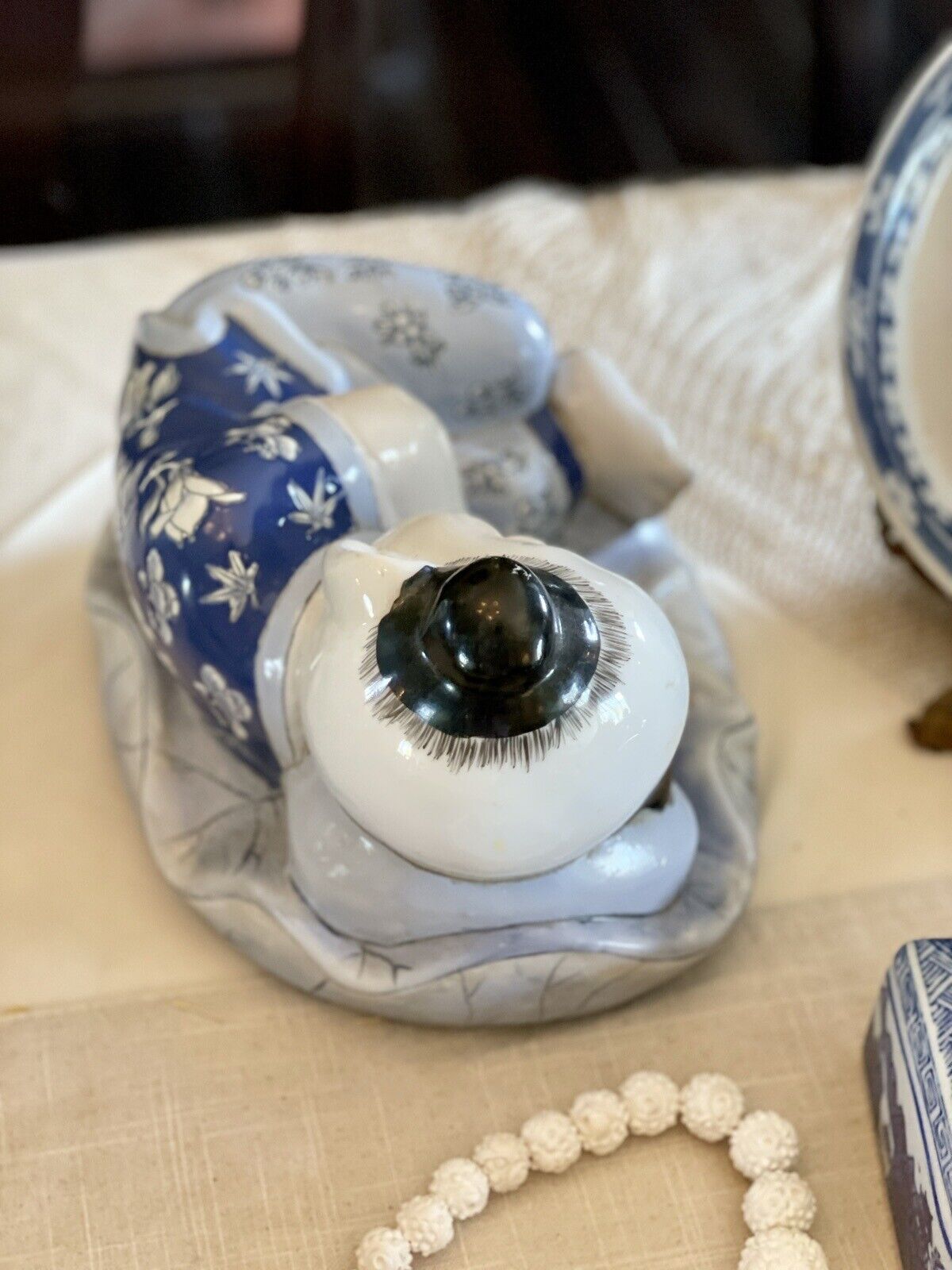 Vintage Chinoiserie Child Statue Blue & White By H.F.P Macau
