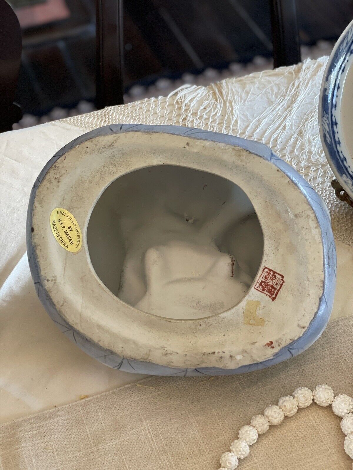 Vintage Chinoiserie Child Statue Blue & White By H.F.P Macau