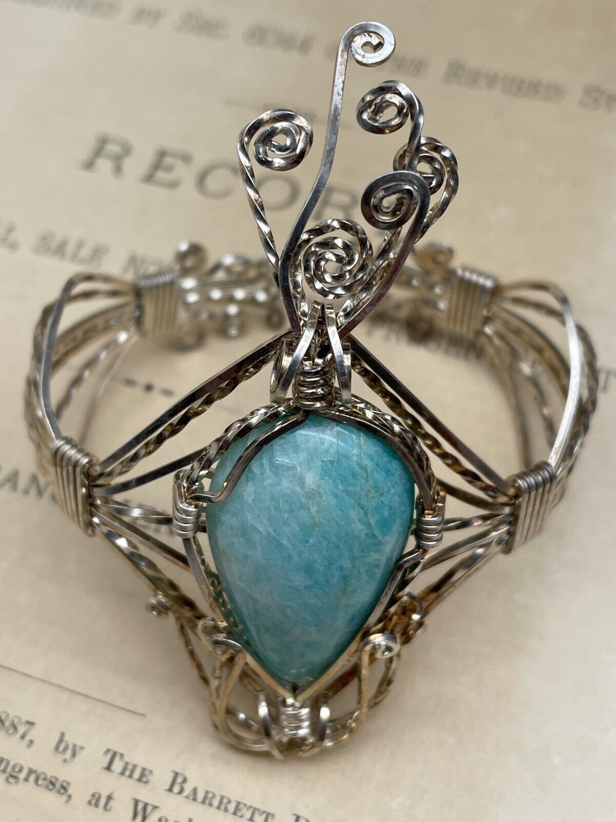 Artisan Silver Wire Cuff Bracelet Larimar Stone Handmade Unsigned