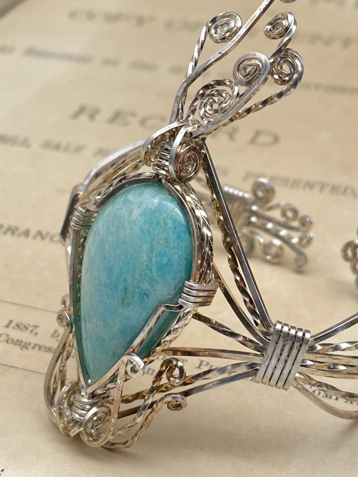 Artisan Silver Wire Cuff Bracelet Larimar Stone Handmade Unsigned