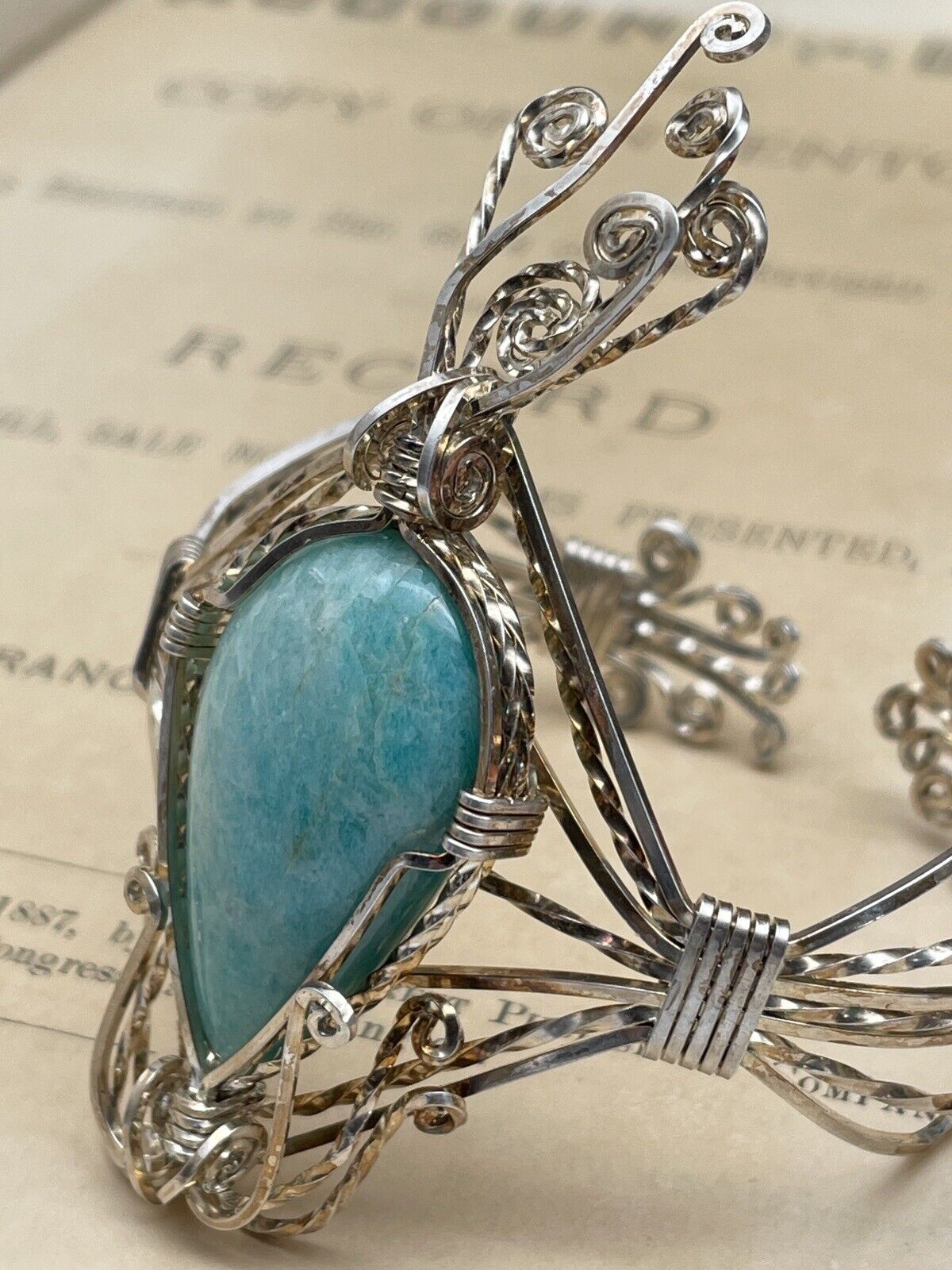 Artisan Silver Wire Cuff Bracelet Larimar Stone Handmade Unsigned