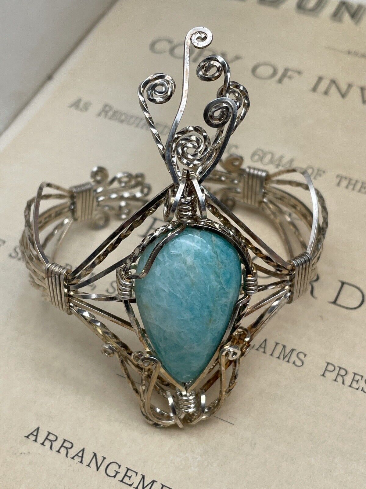 Artisan Silver Wire Cuff Bracelet Larimar Stone Handmade Unsigned
