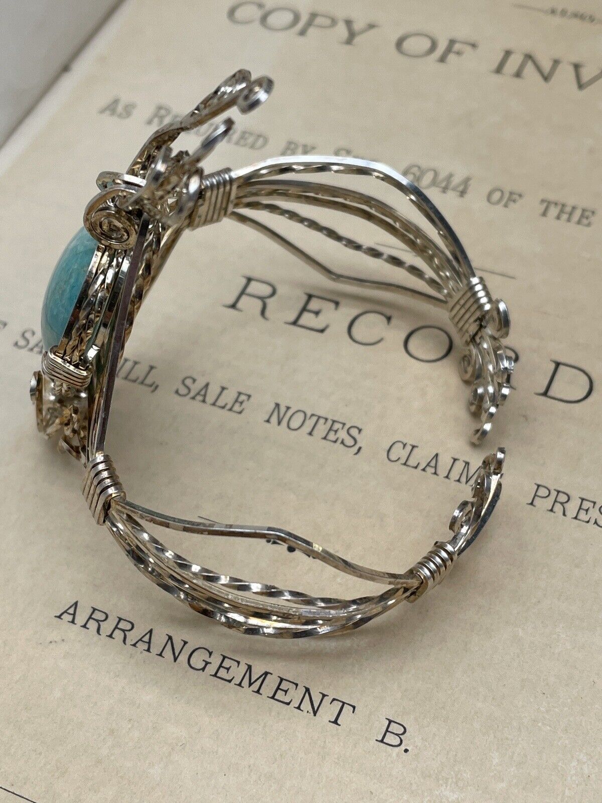 Artisan Silver Wire Cuff Bracelet Larimar Stone Handmade Unsigned