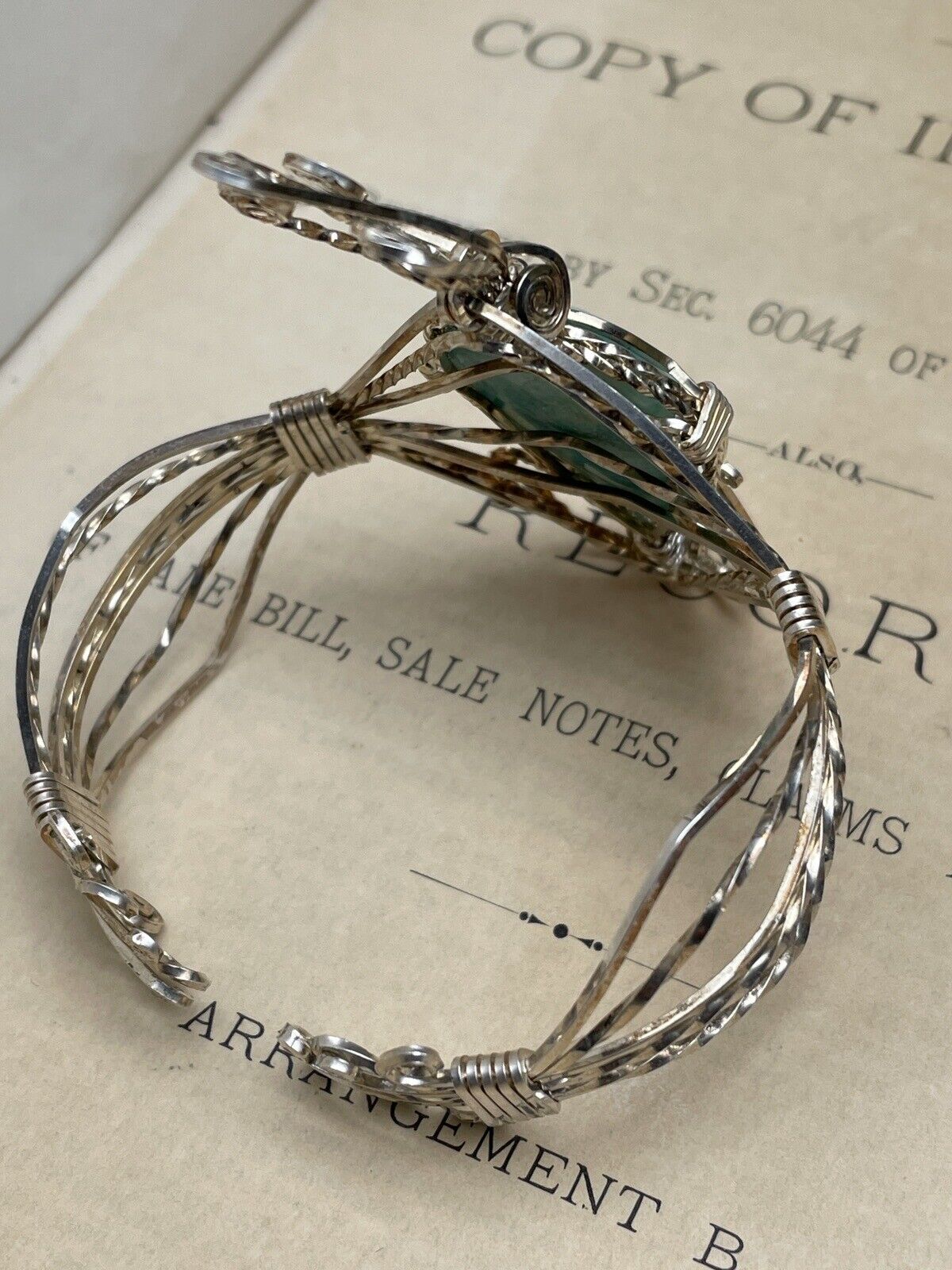 Artisan Silver Wire Cuff Bracelet Larimar Stone Handmade Unsigned