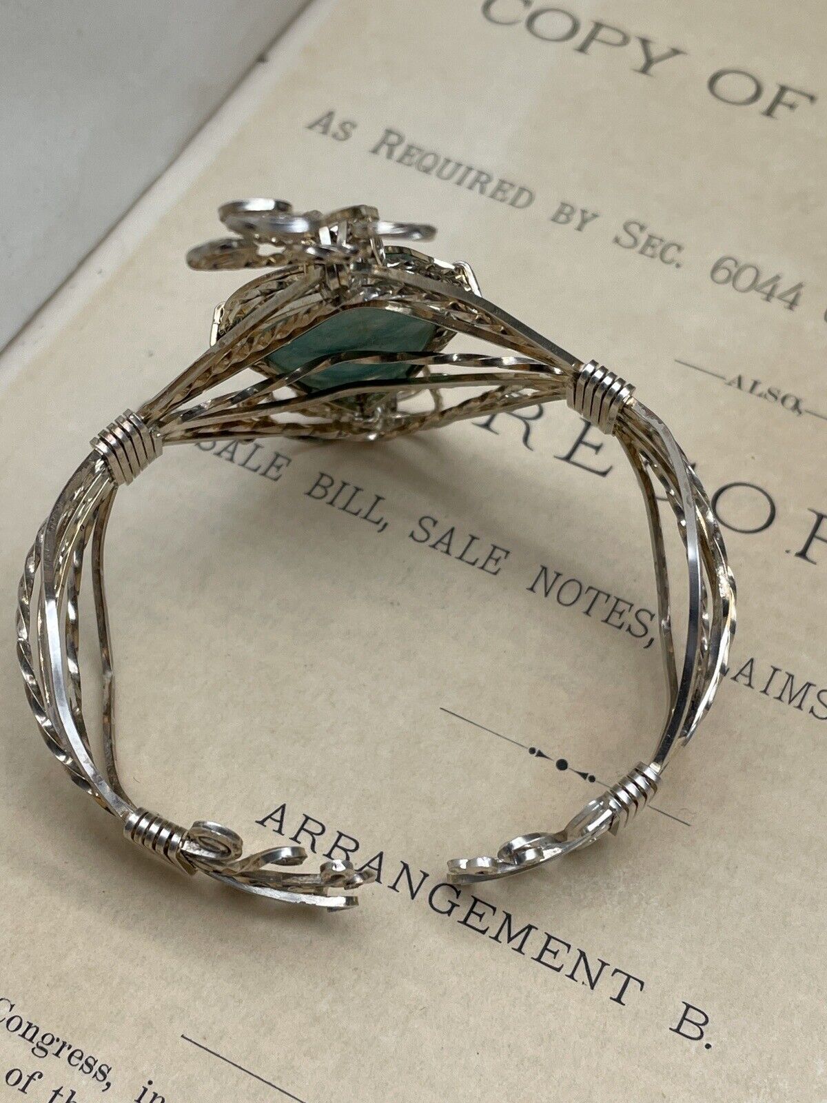 Artisan Silver Wire Cuff Bracelet Larimar Stone Handmade Unsigned