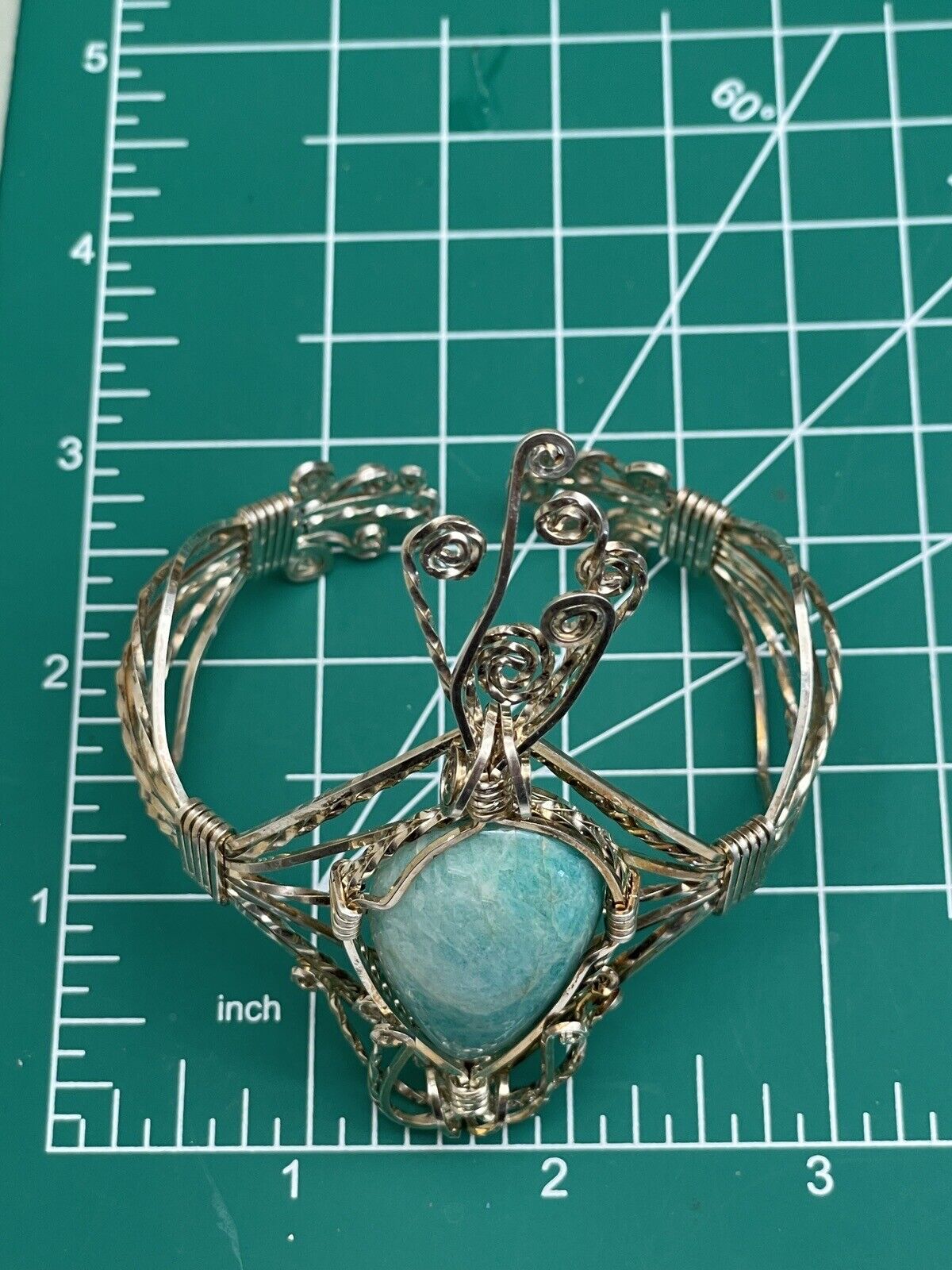 Artisan Silver Wire Cuff Bracelet Larimar Stone Handmade Unsigned
