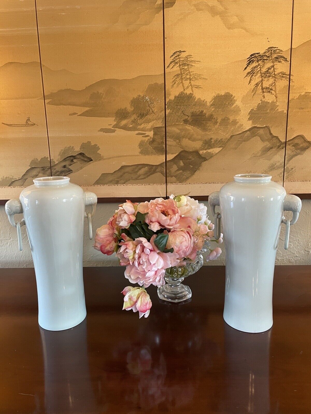 Vintage Caledon Porcelain Chinese Elephant Handle Vase Pair 13.5”