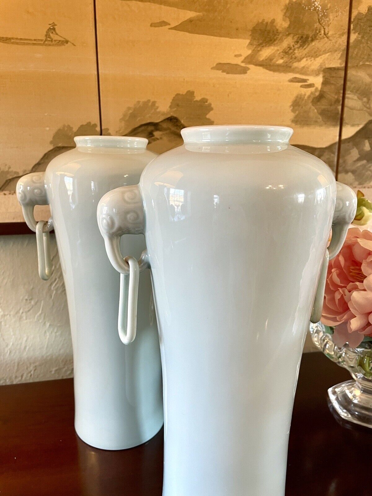 Vintage Caledon Porcelain Chinese Elephant Handle Vase Pair 13.5”