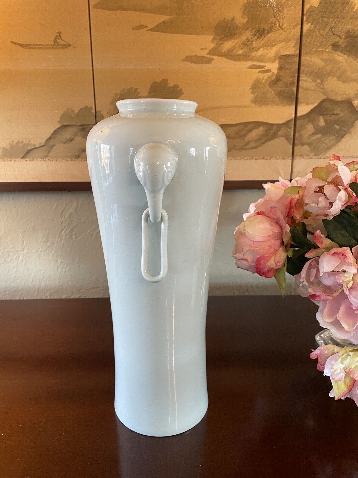 Vintage Caledon Porcelain Chinese Elephant Handle Vase Pair 13.5”