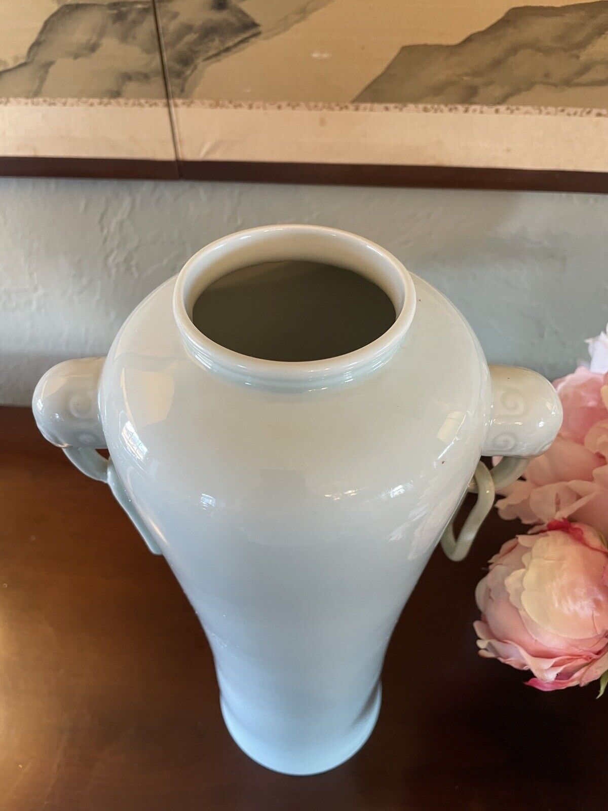 Vintage Caledon Porcelain Chinese Elephant Handle Vase Pair 13.5”
