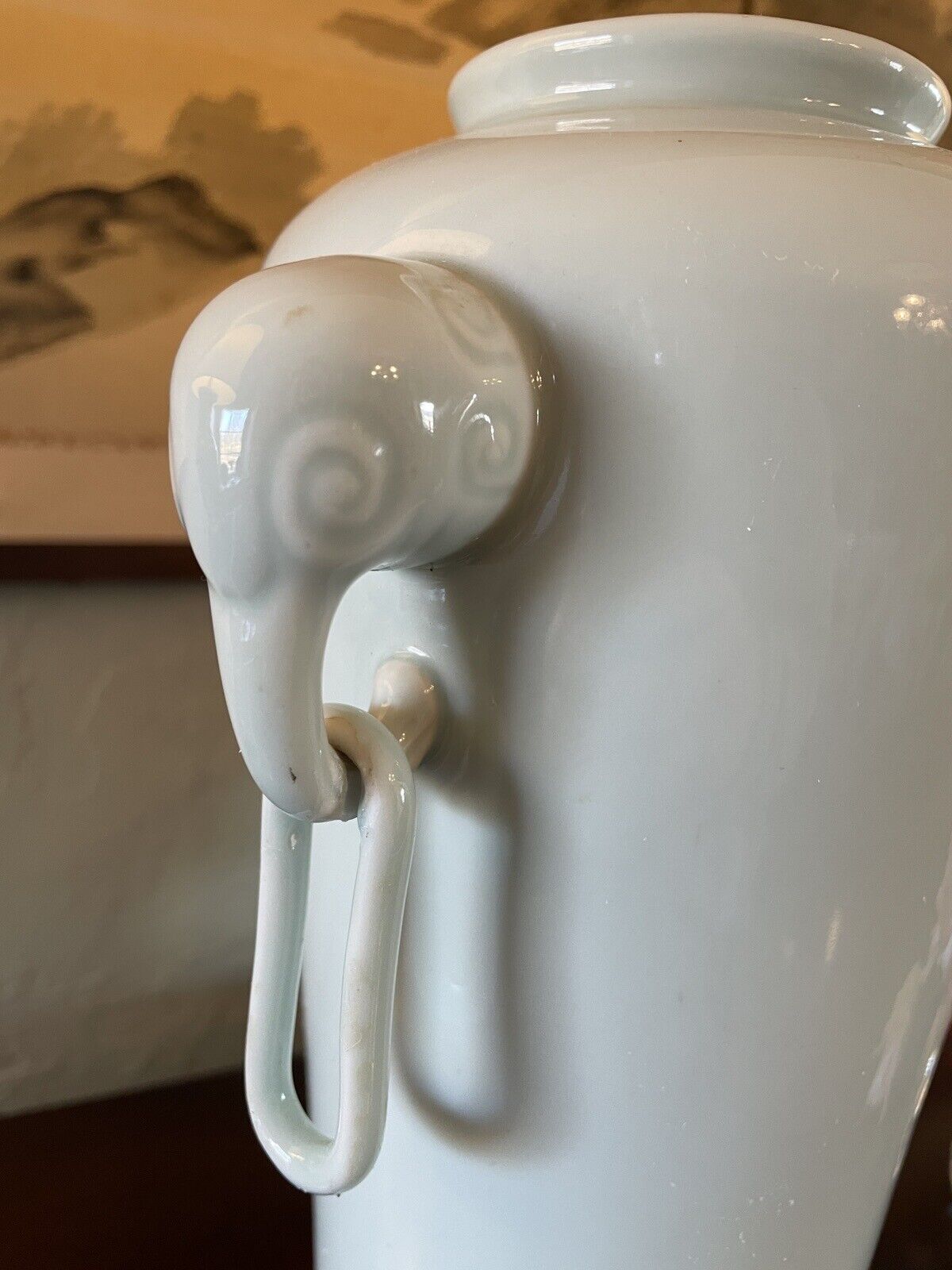 Vintage Caledon Porcelain Chinese Elephant Handle Vase Pair 13.5”