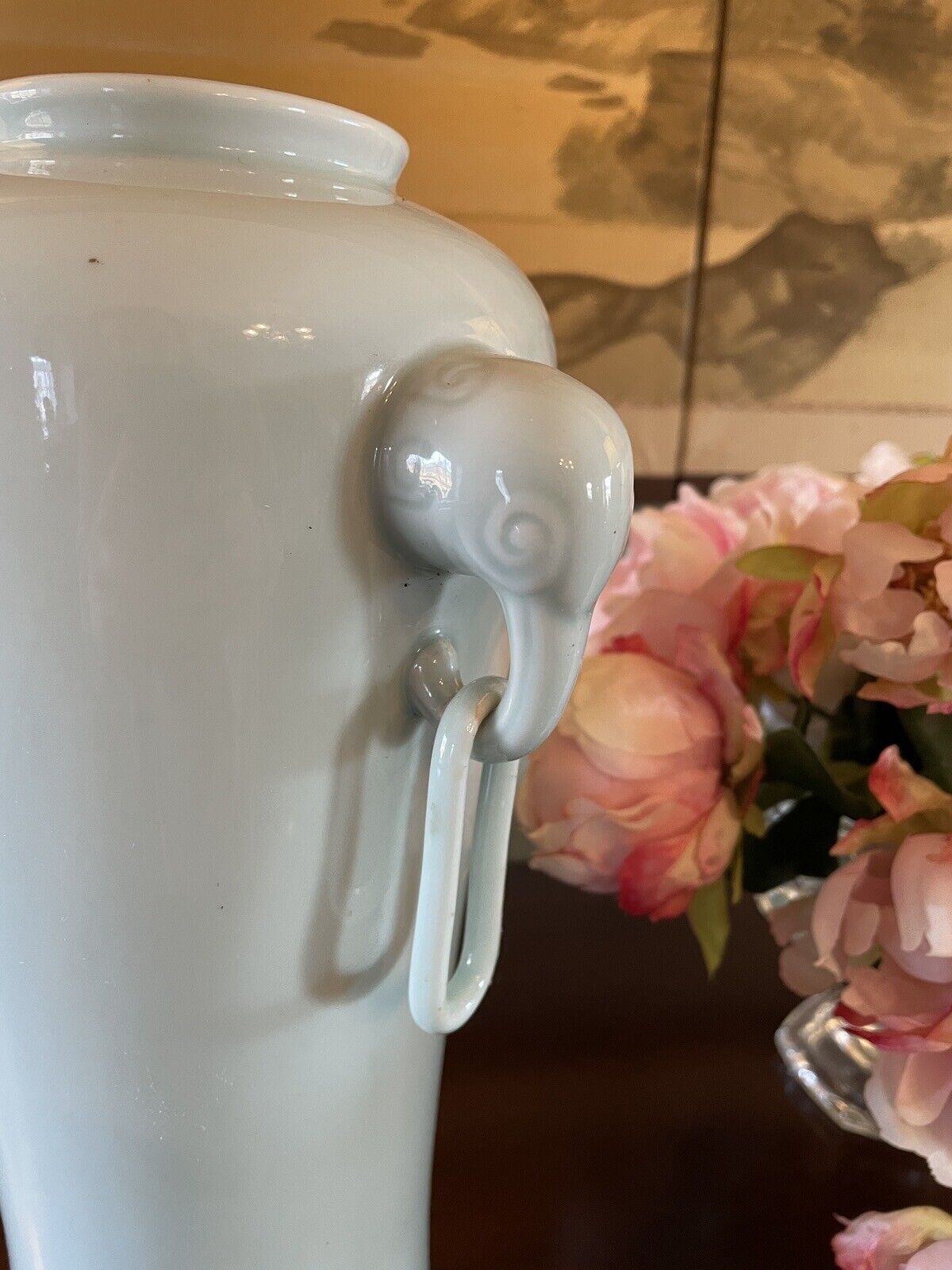 Vintage Caledon Porcelain Chinese Elephant Handle Vase Pair 13.5”