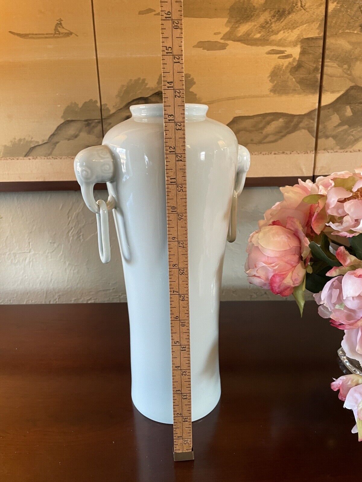 Vintage Caledon Porcelain Chinese Elephant Handle Vase Pair 13.5”