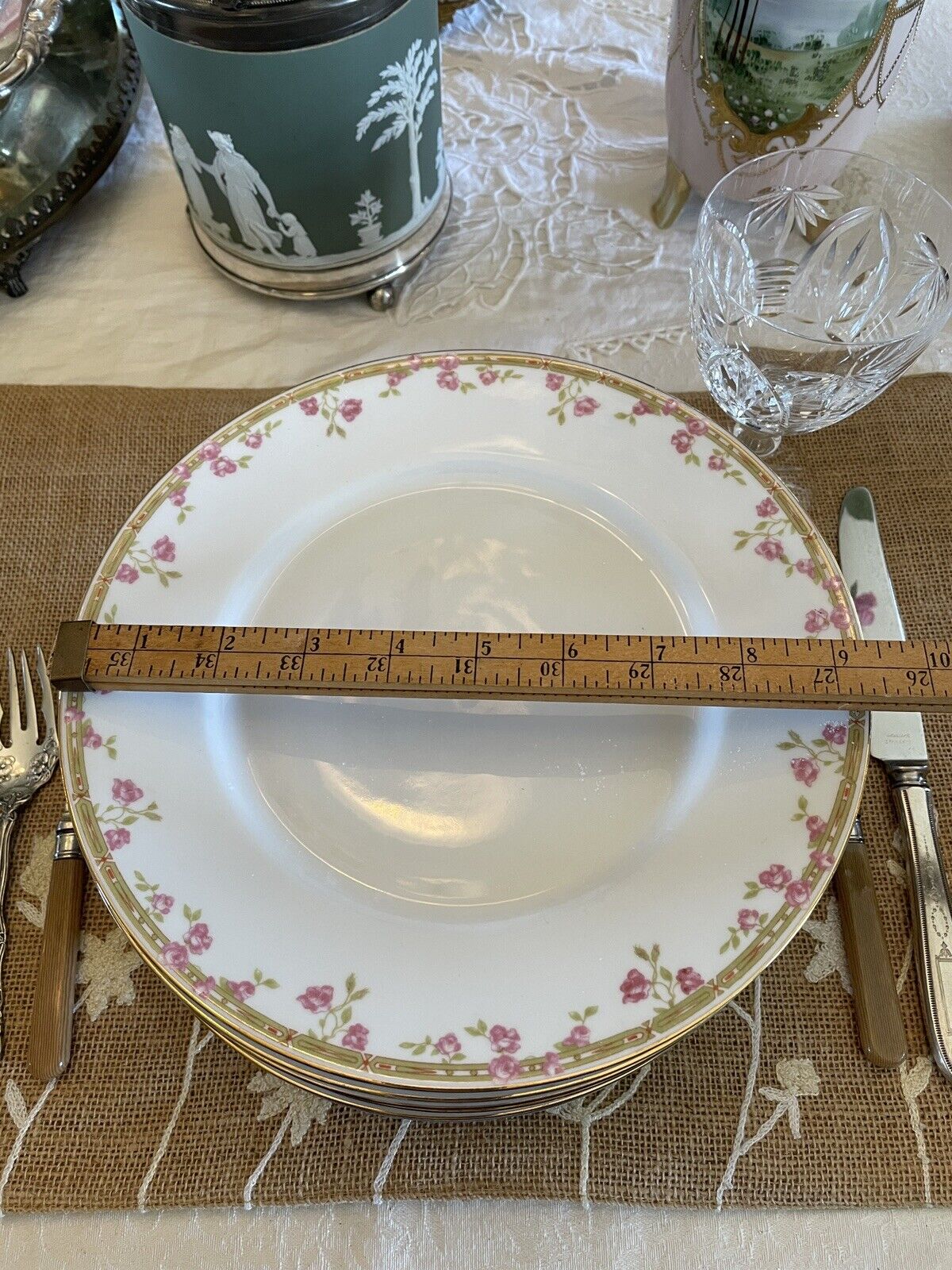 8 Dinner Plates Pink Roses Z Scherzer Porcelain China Bavaria Germany VINTAGE