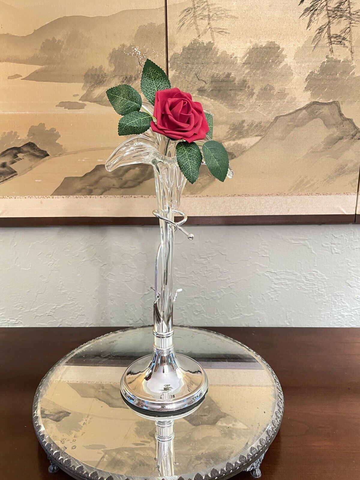Epergne Art Glass Lily flower with Silver Display Stand 15" MINT