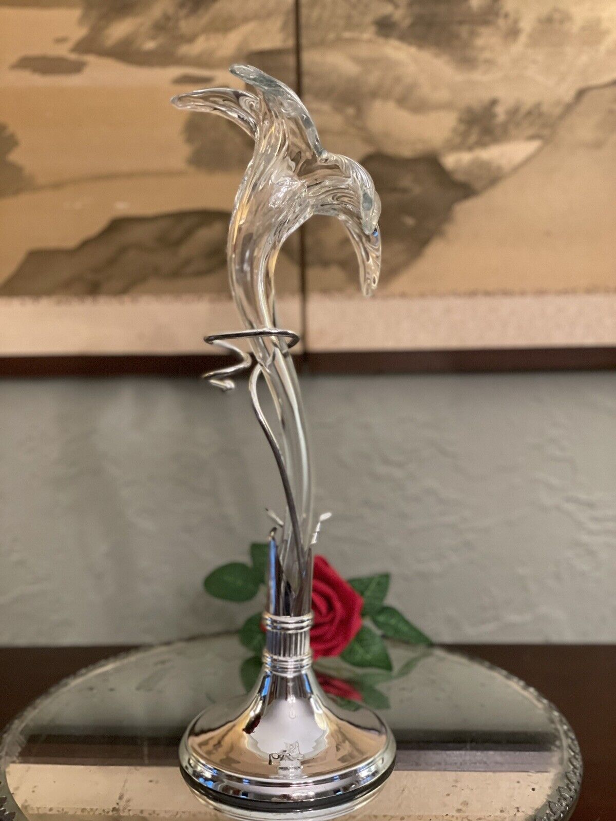 Epergne Art Glass Lily flower with Silver Display Stand 15" MINT