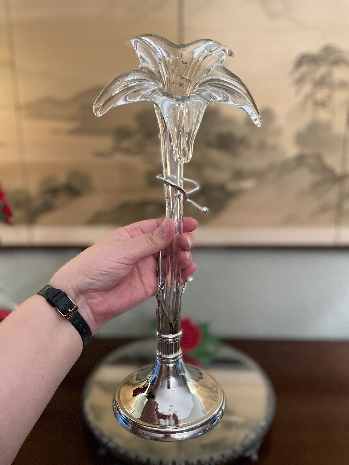 Epergne Art Glass Lily flower with Silver Display Stand 15" MINT