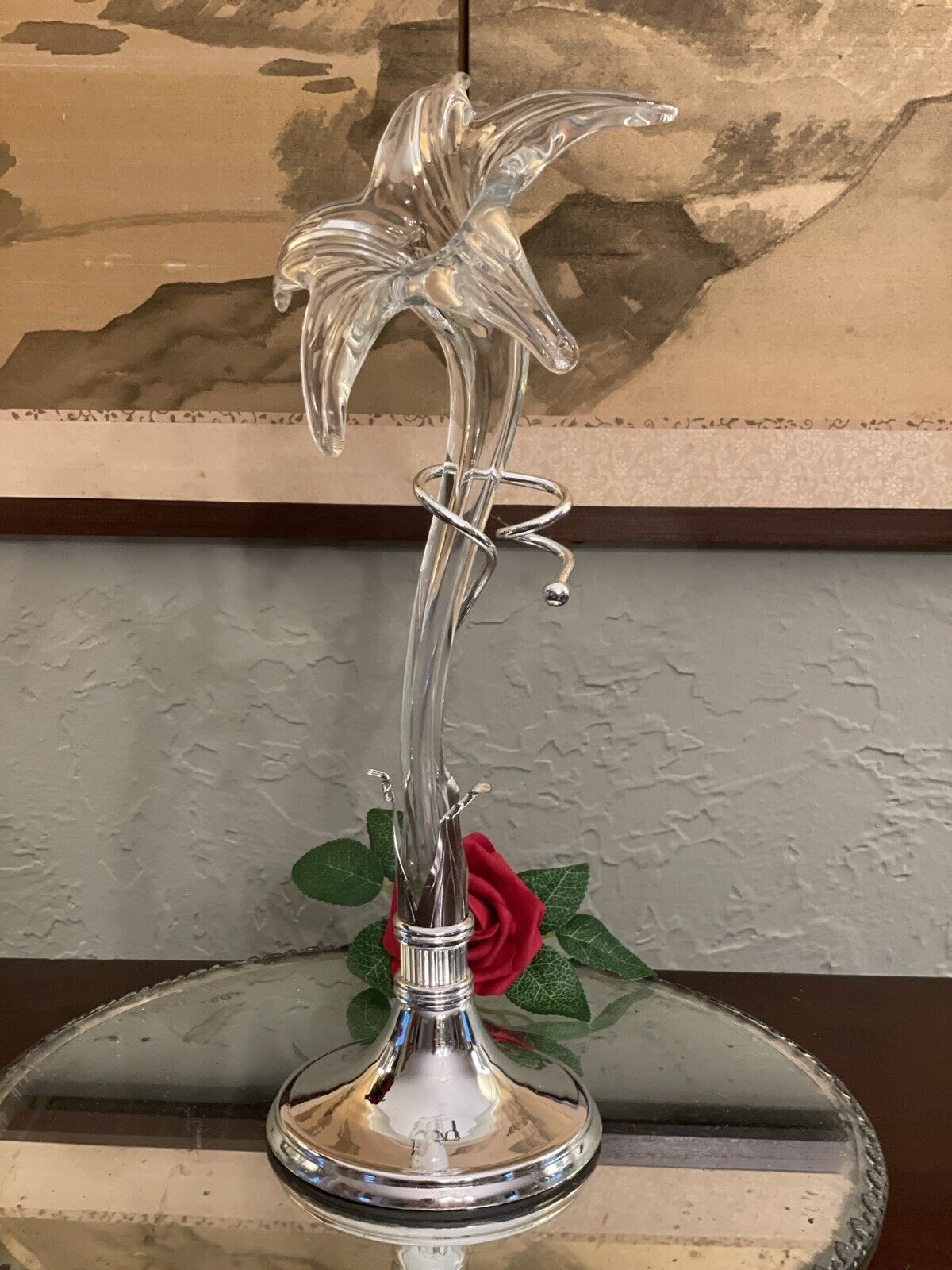 Epergne Art Glass Lily flower with Silver Display Stand 15" MINT