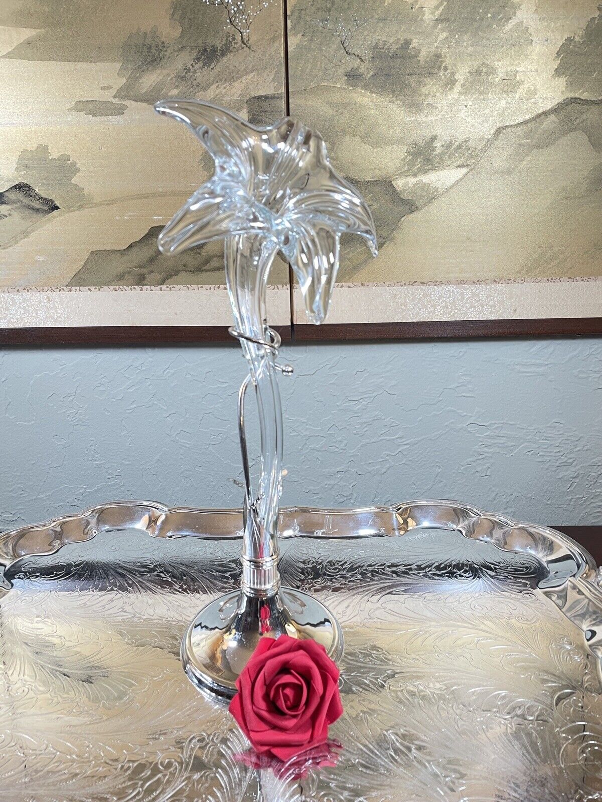 Epergne Art Glass Lily flower with Silver Display Stand 15" MINT