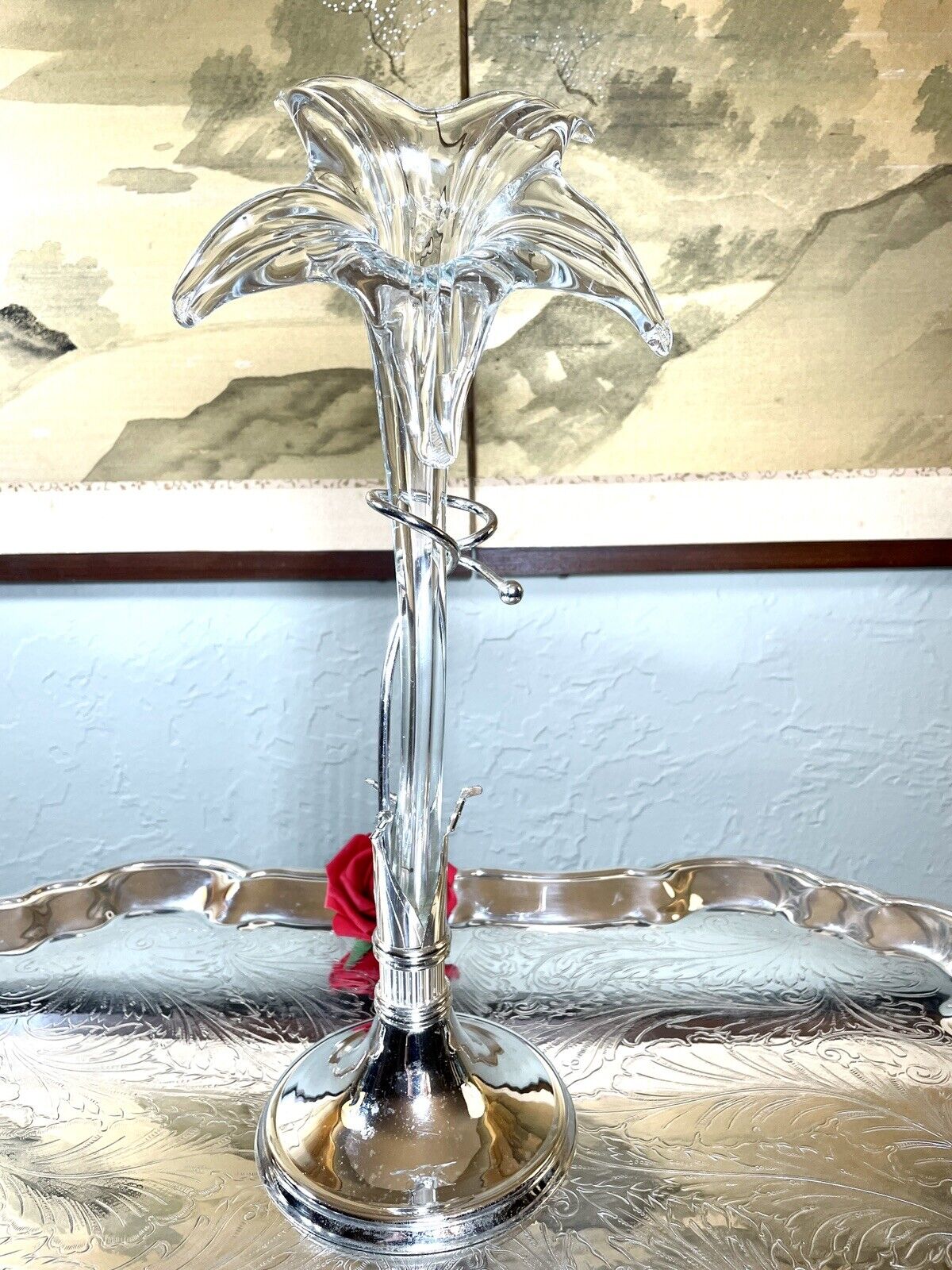 Epergne Art Glass Lily flower with Silver Display Stand 15" MINT