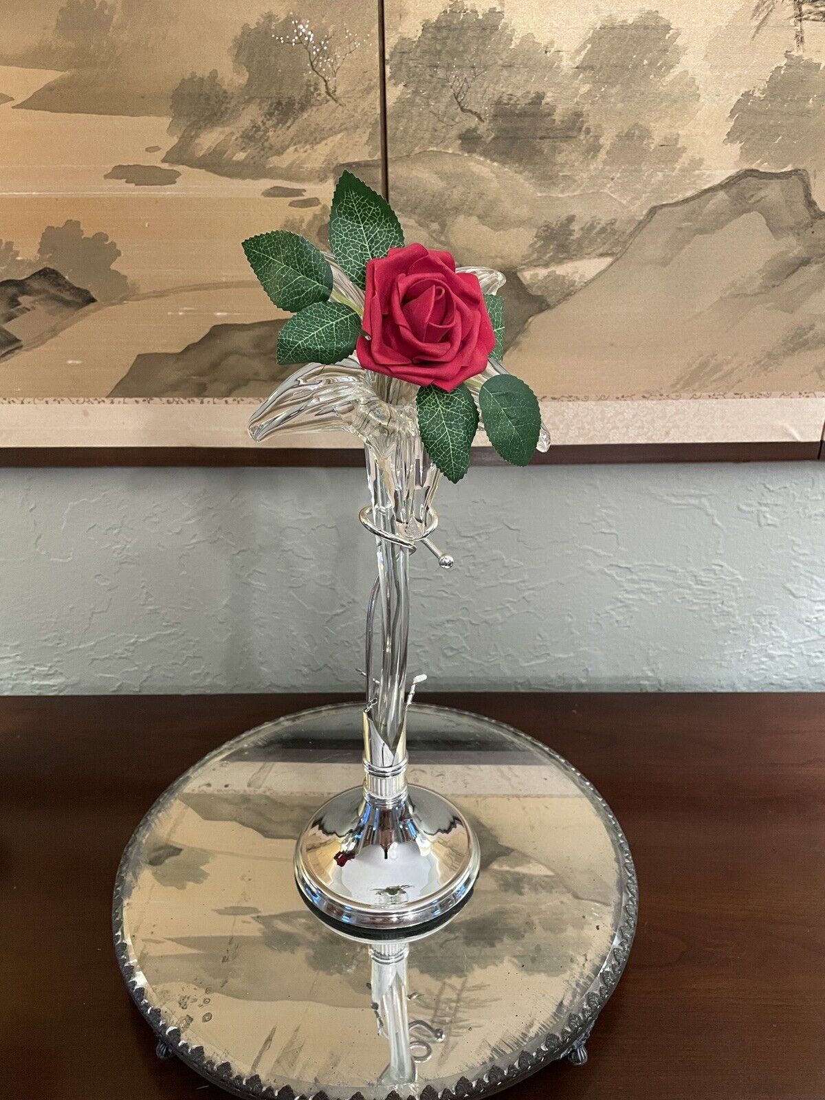 Epergne Art Glass Lily flower with Silver Display Stand 15" MINT