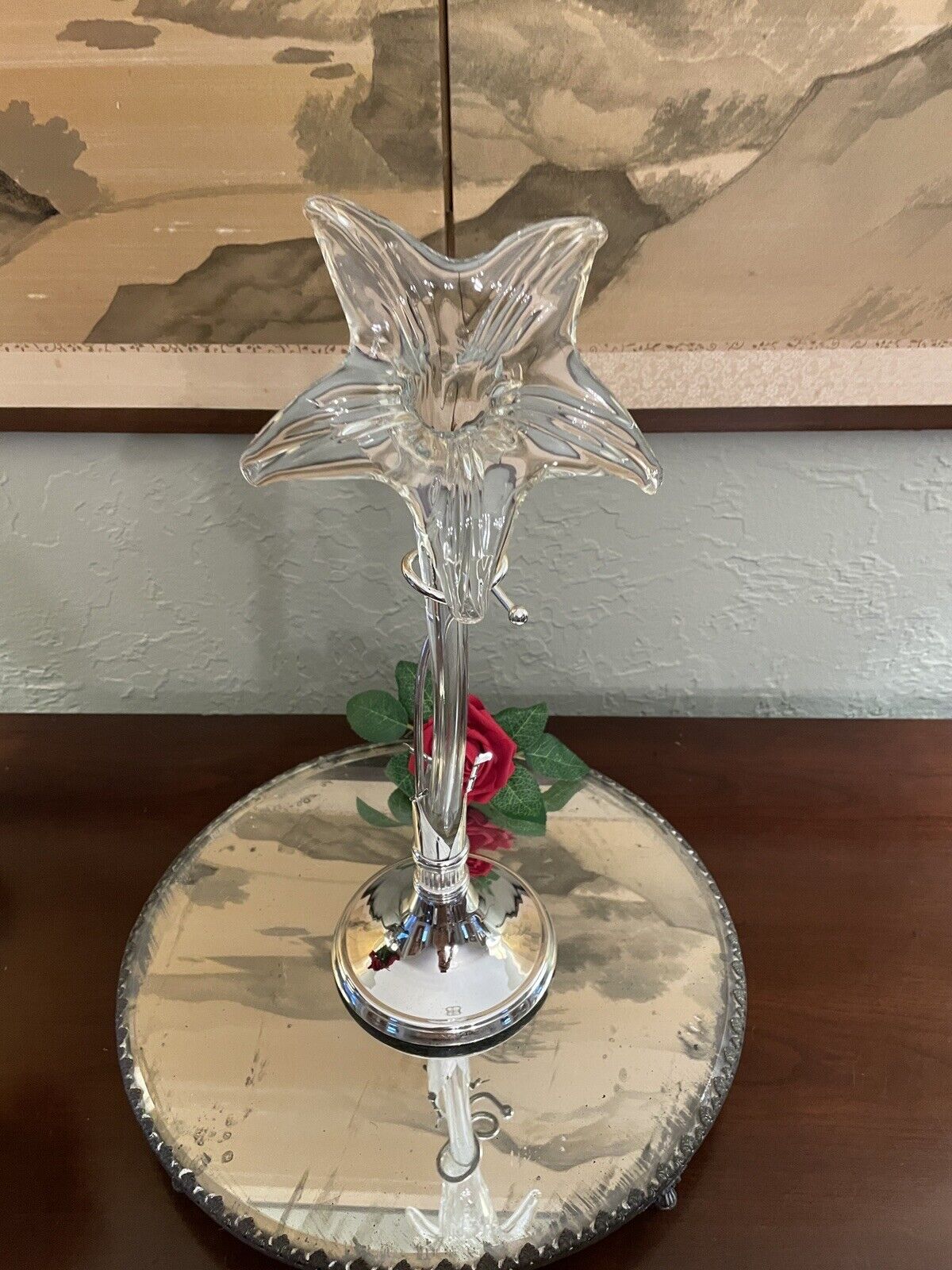 Epergne Art Glass Lily flower with Silver Display Stand 15" MINT