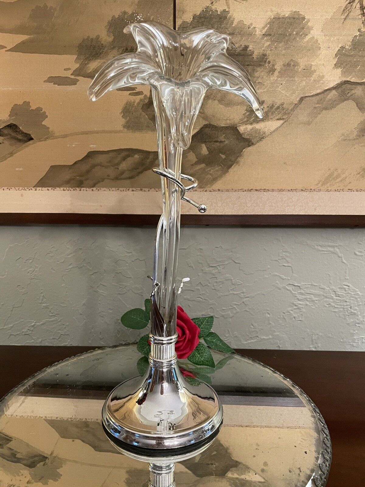 Epergne Art Glass Lily flower with Silver Display Stand 15" MINT